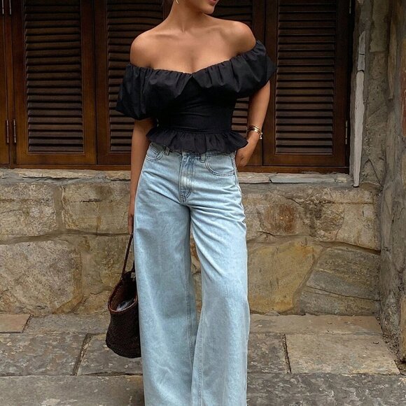 Black Casual Women's Bandeau Off Shoulder Elegant Short Shirt Top - Picture 6 of 7